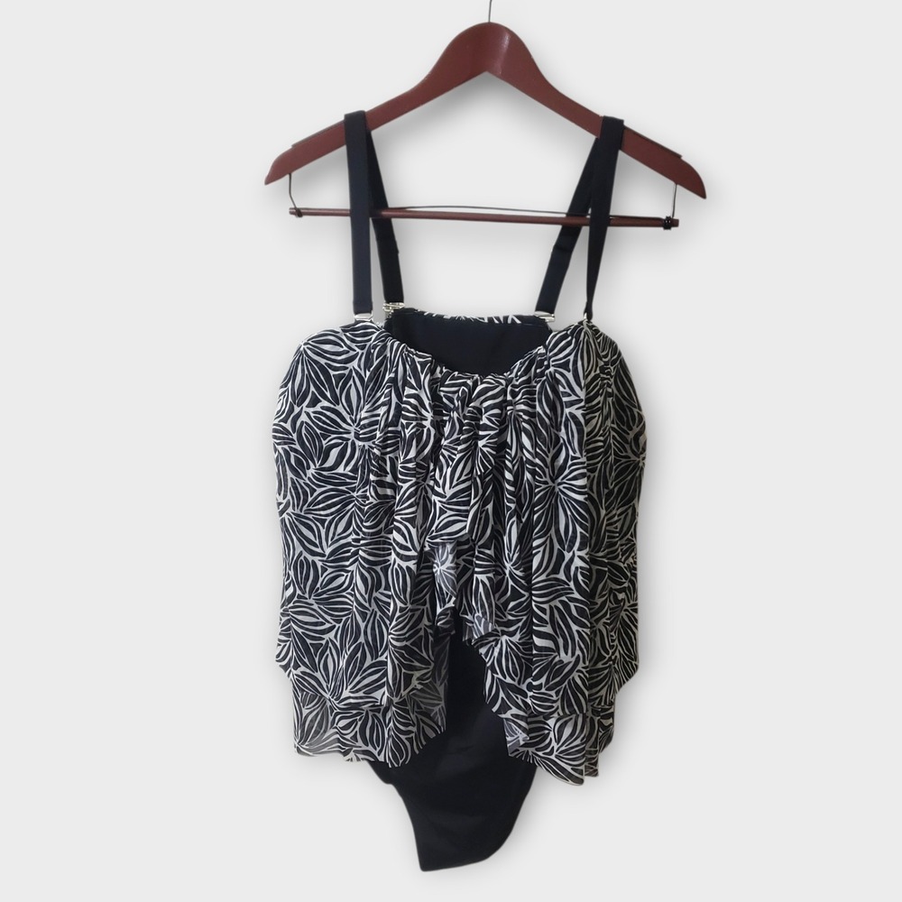 NWT Lands End 22W Black White Leaf Print Tiered Mesh Tankini One Piece Swimsuit